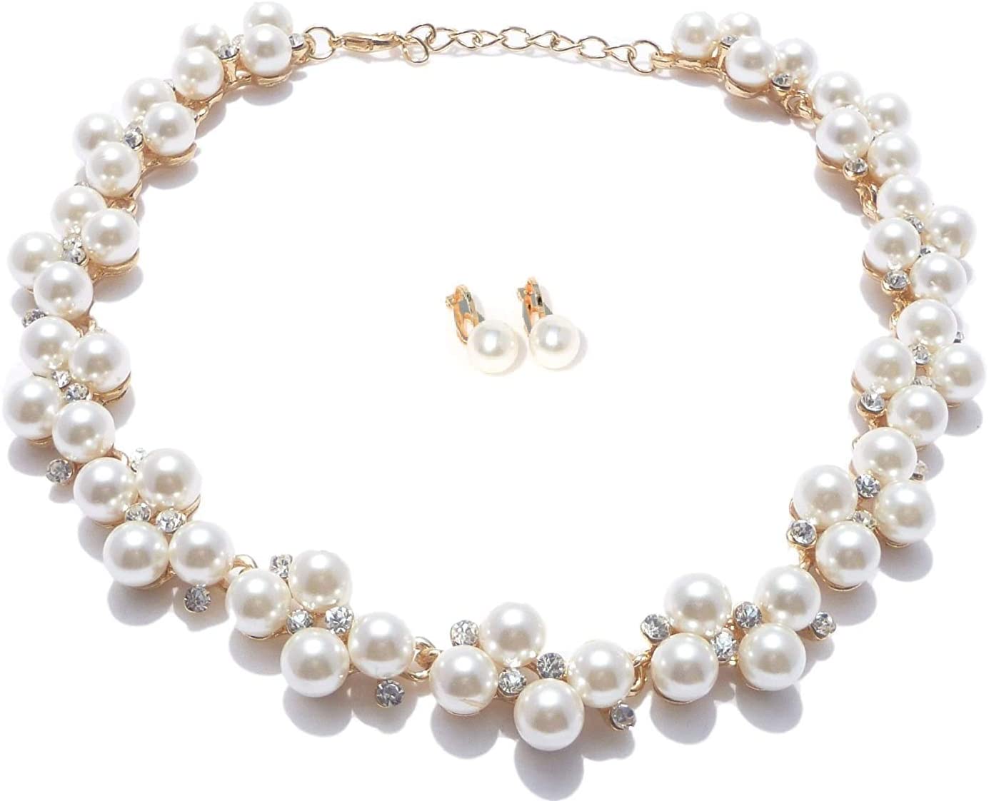 'olu'lu (オルオル) パール ラインストーン ビジュー ネックレス ピアス イヤリング 3点セット レディース