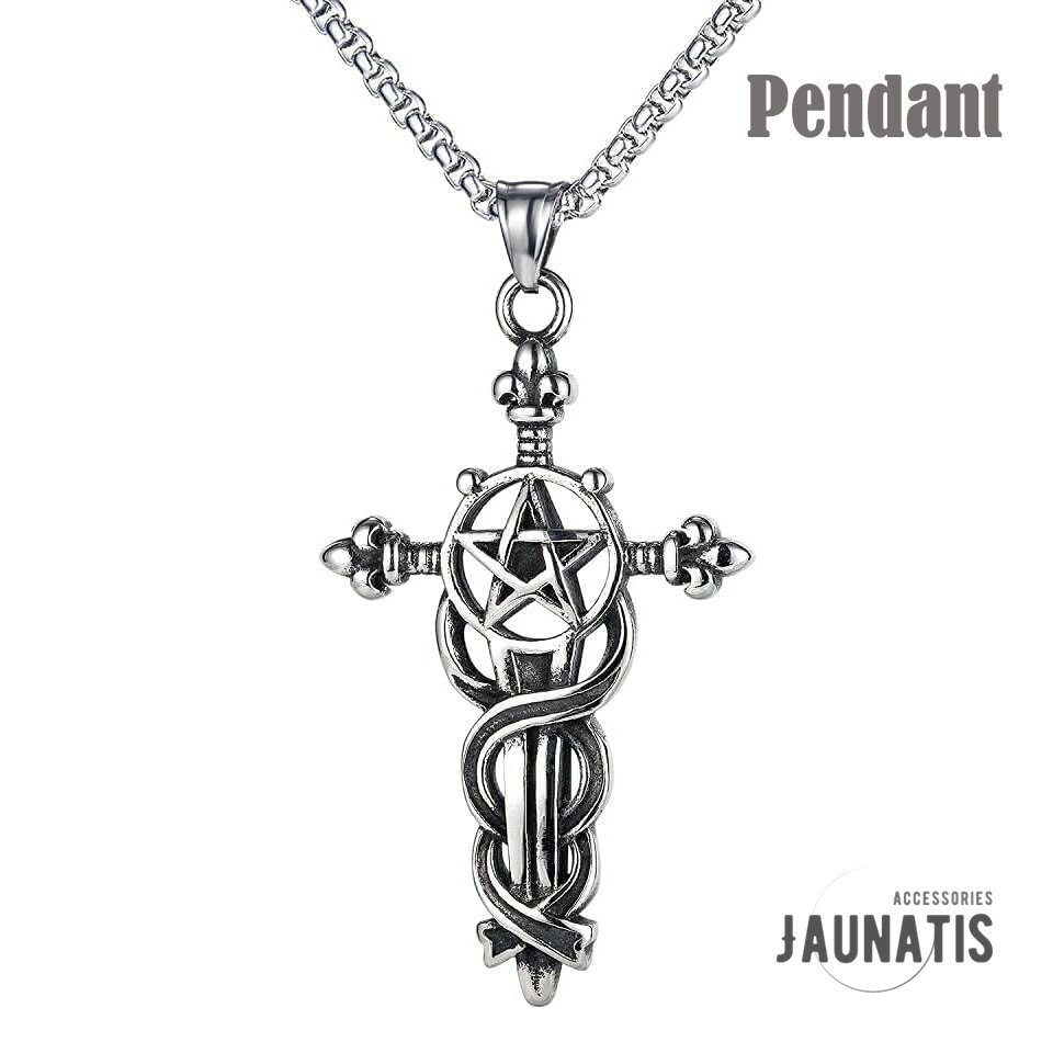 ヴィンテージ メンズ 五芒星 クロス 剣 ペンダントネックレス セーター チェーン シルバー ビジュアル..