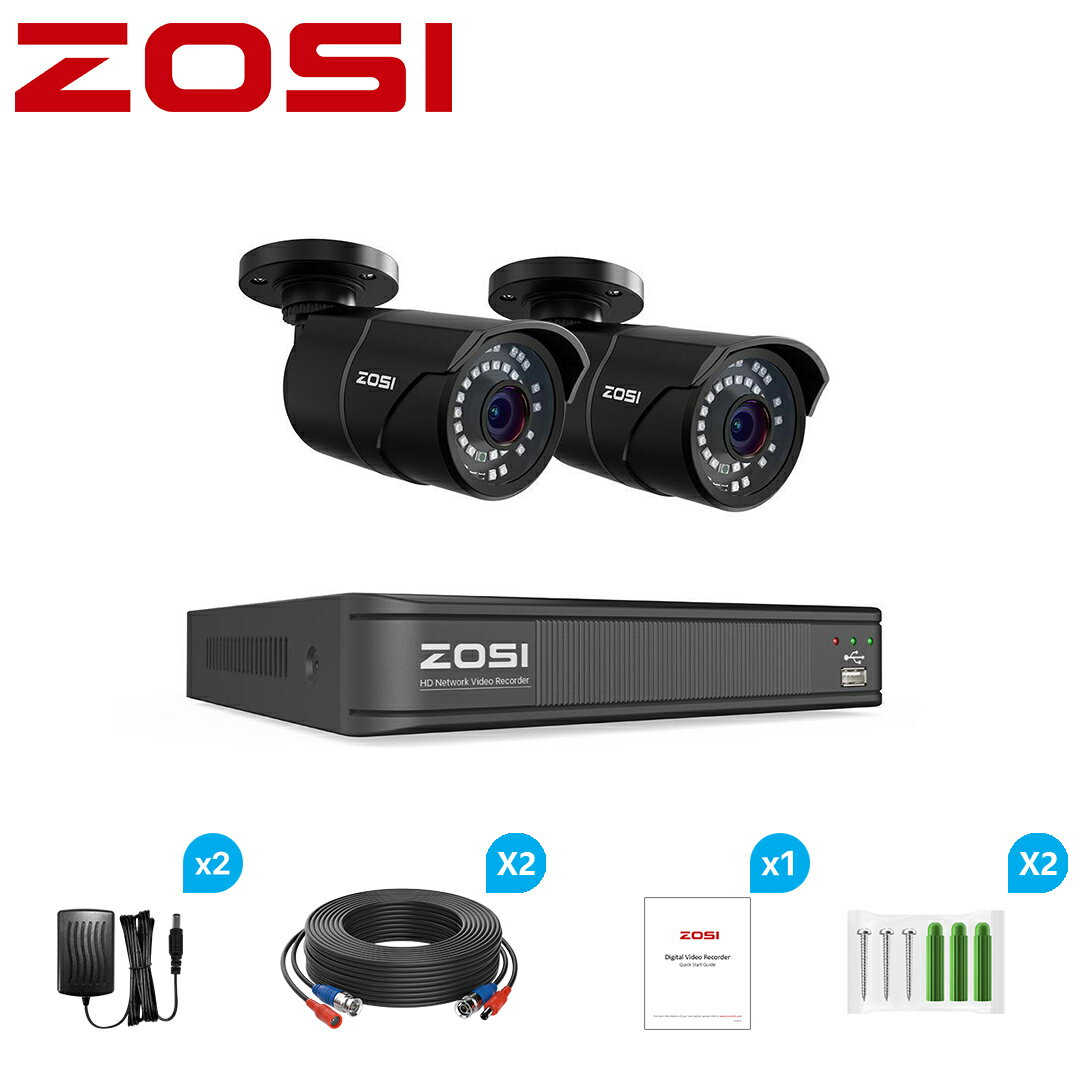 防犯カメラセット 1080P画素 2台セット アナログ信号 BNC端子 TVI 8ch防犯レコーダー 録画機 3.6MM固定レンズ 金属筐体 IP66防水 H.265+ 赤外線 暗視撮影 録画録音機能 ai人体検出 動体検知 スマホ/パソコン 遠隔監視 同軸ケーブル同梱 有線 24時間 車上荒らし 駐車場 zosi