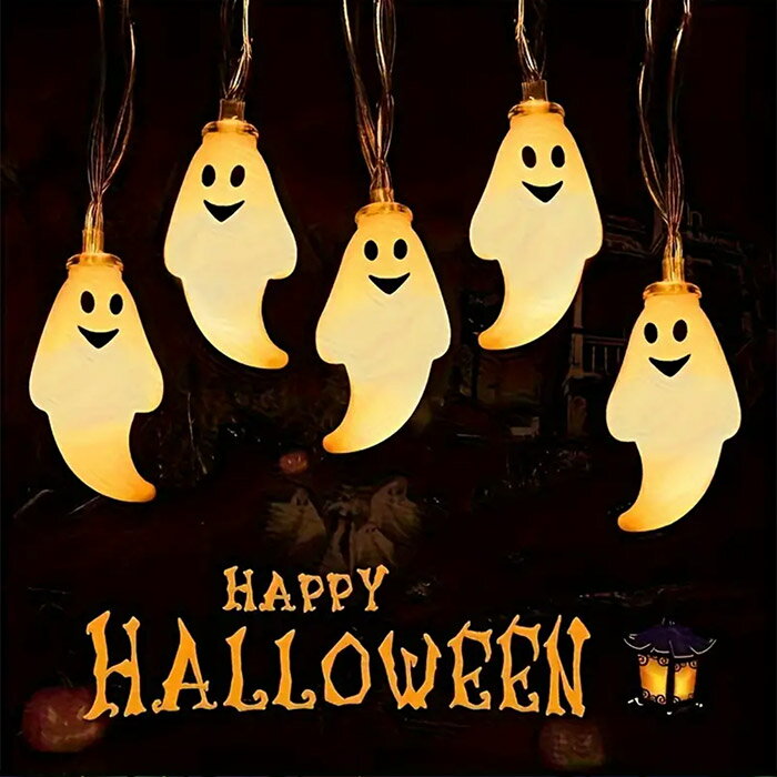 乐天商城 - オバケ ハロウィン 飾り led 10球 ゴースト 電池式 単三電池 玄関 パーティー 学園祭 電飾 イルミネーション 店舗装飾 装飾用 LEDライト ガーランド 長さ1.5メートル