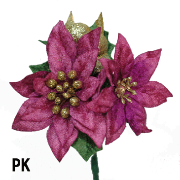 アーティフィシャルフラワー 造花 ポインセチア2輪付ピック(全長19cm花径9cmと7.5cm)7826