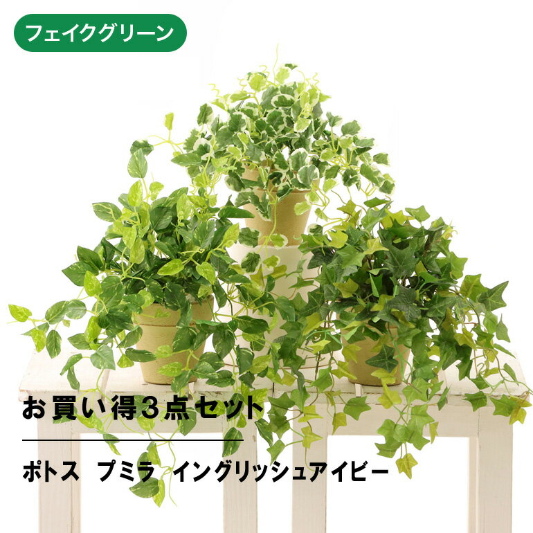 フェイクグリーン 観葉植物 フェイク 人工観葉植物 造花 インテリア リアル おしゃれ 鉢 お祝い 葉 枝 室内 小型 3点 セット アイビー ポトス プミラ 人気 玄関 リビング オフィス シンプル 素焼きポット お買い得 【日付指定・ギフト不可】No8407