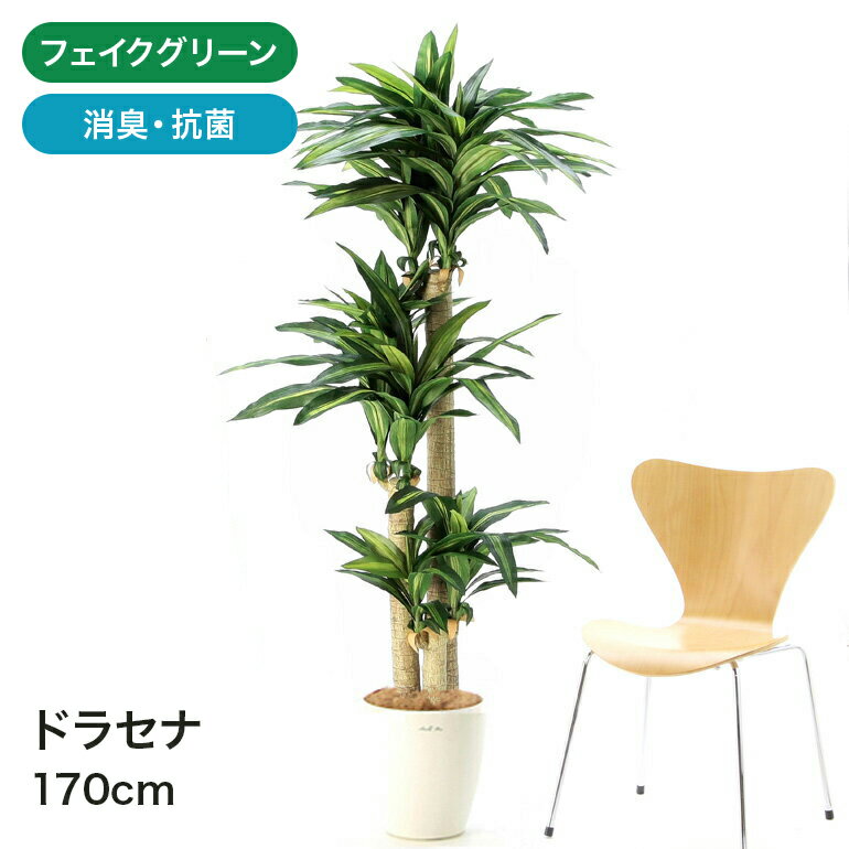 フェイクグリーン 観葉植物 フェイク 人工観葉植物 大型 光触媒 造花 インテリア リアル おしゃれ お祝い ドラセナ 植物 木 170cm シンプル オフィス 室内 鉢 空気清浄 消臭 抗菌 銀 3本立 高さ170〜180cm（ラスターポット 265 ヤシの繊維） 【日付指定・ギフト不可】No81234