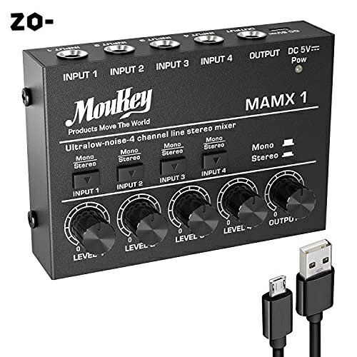 Moukey オーディオミキサー 4チャンネル usb DC 5V超低ノイズ サブミキシング用 ラインミキサー 小型ミニオーディオミキサー クラブ/バー/マイク/ギター/ベース/キーボード/ステージミキサーに適用 MAMX1