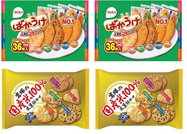 Rakuten - おかしな仲間たち お菓子詰め合わせ 大袋せんべい2種セット(ばかうけ 岩塚の国産米100%) 計4袋