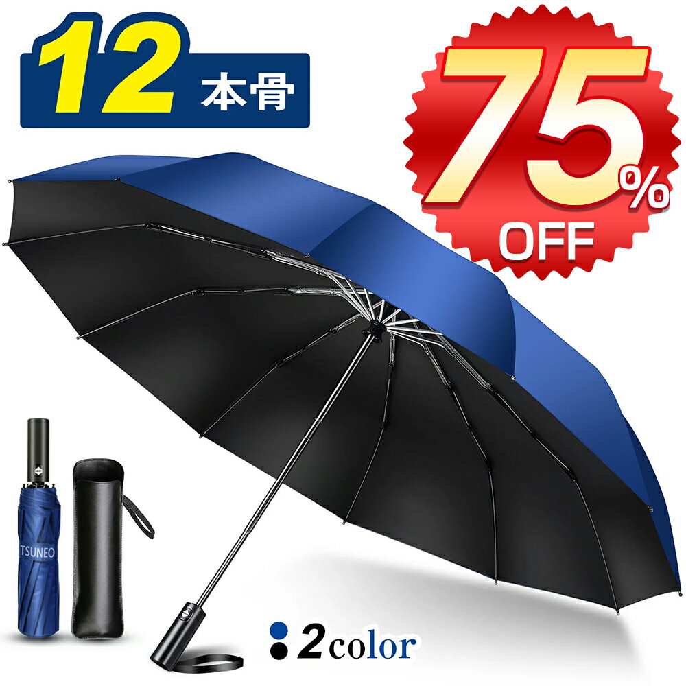 ＼75％OFF・スーパーセール／ 【楽天1位】 折りたたみ傘 自動開閉 大きい 12本骨★大きさ118cm メンズ 折り畳み 傘 コンパクト 傘 かさ 折りたたみ 風に強い ビッグサイズ 耐風 超撥水 おりたたみ傘 頑丈 シンプル 大きめ 梅雨対策 収納ポーチ ブラック ブルー 送料無料