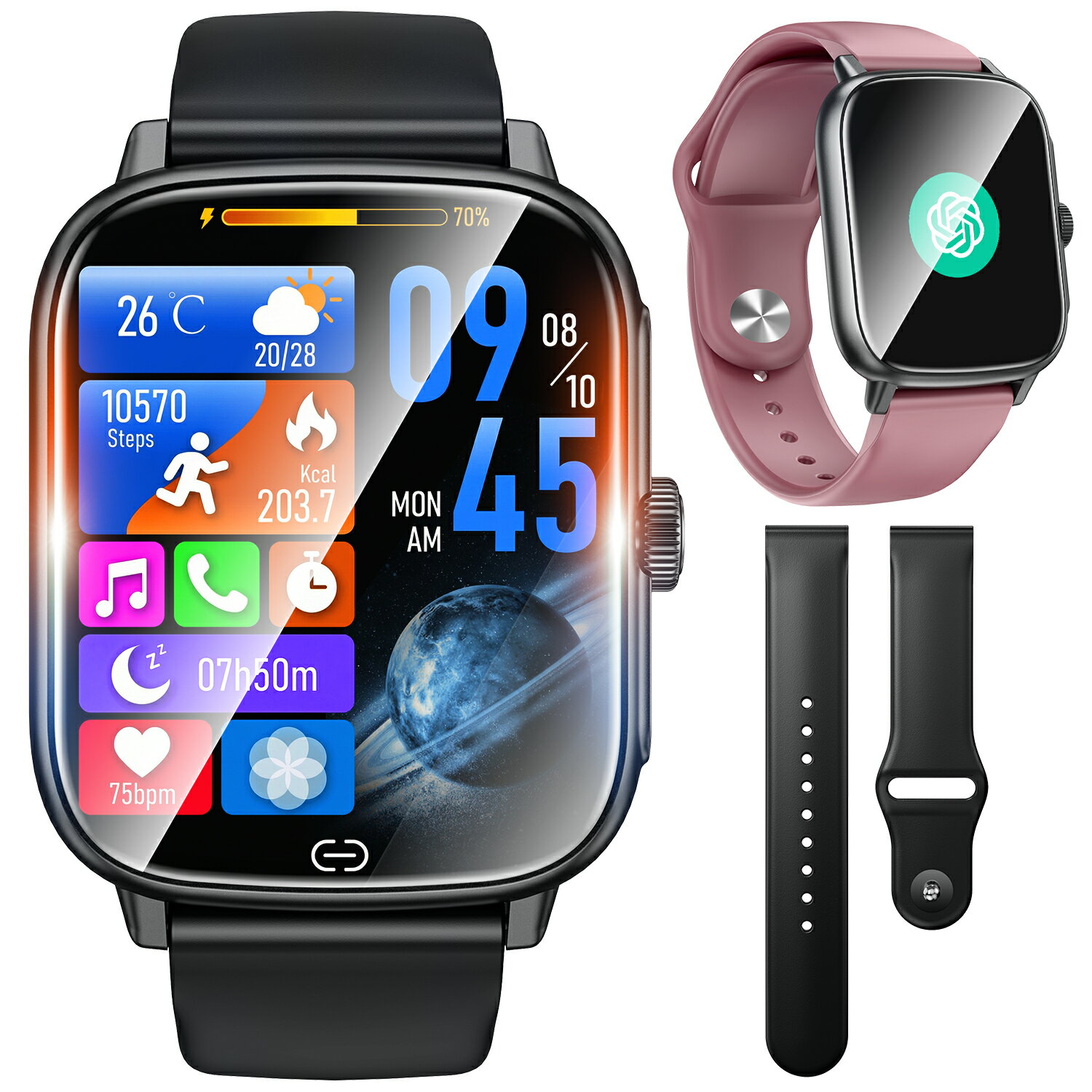 Rakuten - 【クーポンで7,480円!!】 スマートウォッチ 通話機能付 24時間健康管理 1.91インチ大画面 心拍数測定 腕時計 ストレス測定 防水 加速度センサー 音声認識 LINE通知 SOS 緊急通報 運動記録 音楽 カメラ遠隔操作 AI搭載 長時間待機 iPhone/Android対応 レディース メンズ