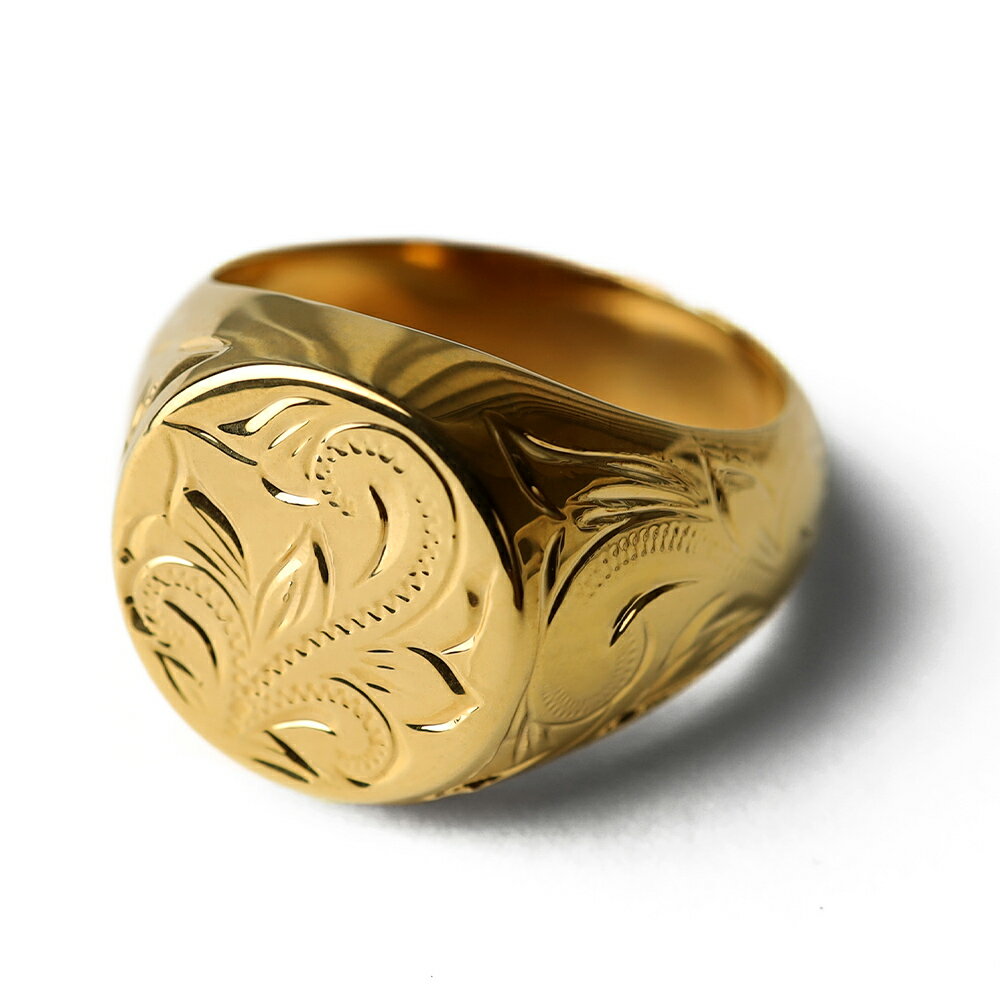 BFF ブランド ハワイアンリング メンズ 印台リング シグネットリング ゴールド 18k gp スクロールリング プルメリアリング 手彫り ごつめ 専用BOX付属