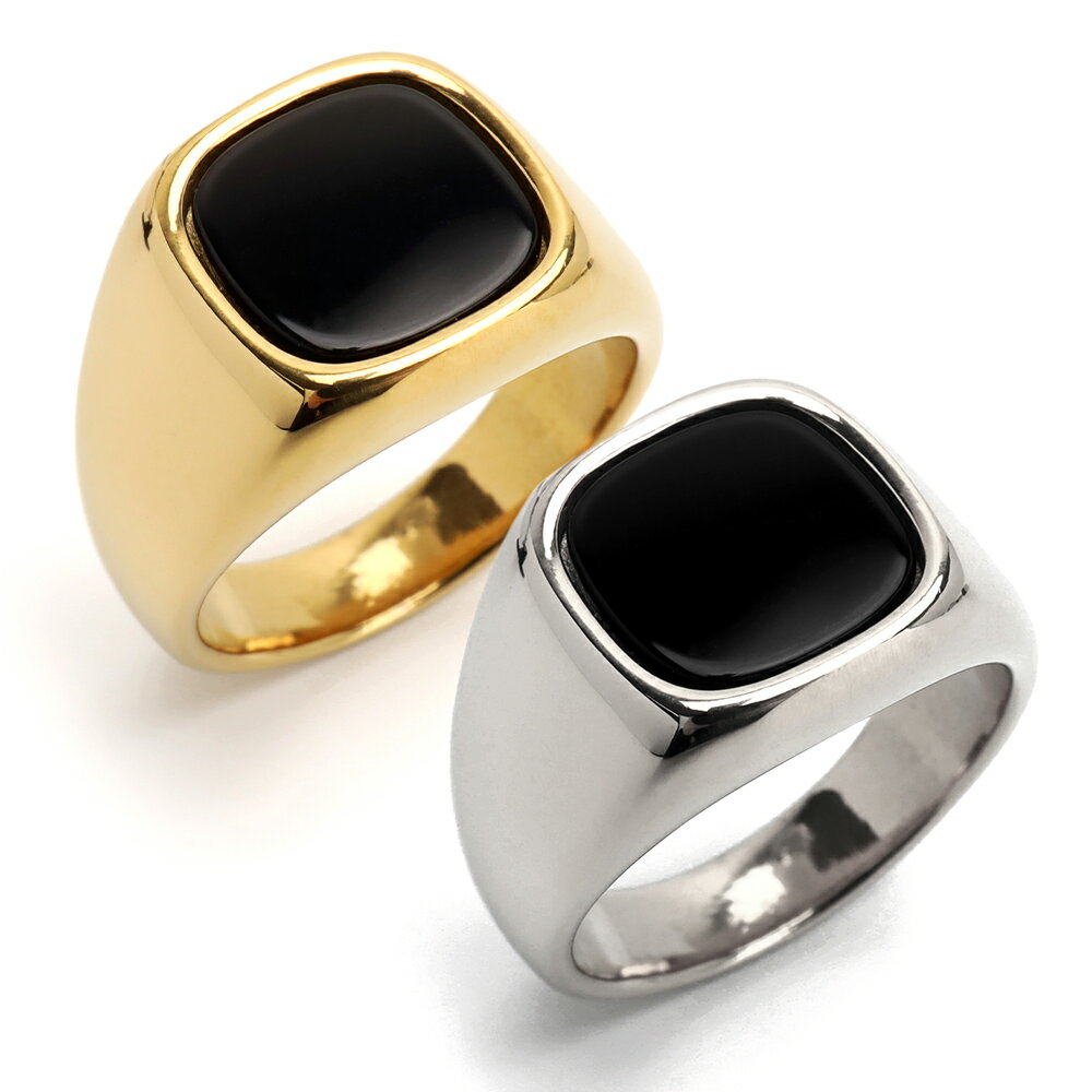 【スーパーSALE 10%OFF 2,530円→2,277円 /ステンレス 印台リング ブラック シグネットリング ゴールド シルバー 2カラー シンプル スタ...