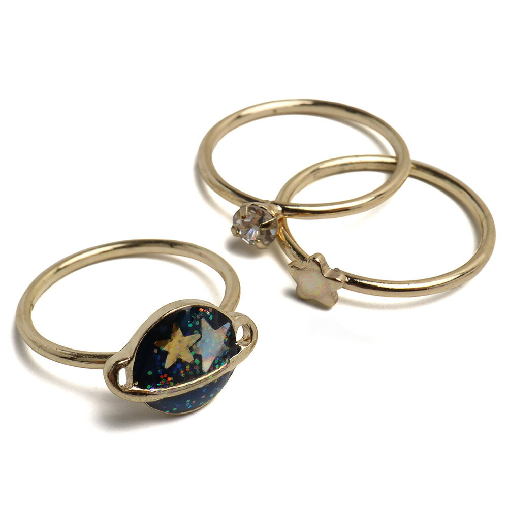 【コスパ最強 プチプラセット 1,000円】 3点セット リング 指輪 セットリング ビジュ- 一粒リング ゴールドリング 重ねづけ 星 スター 惑星 細身 ピンキーリング かわいい 女子 レディース