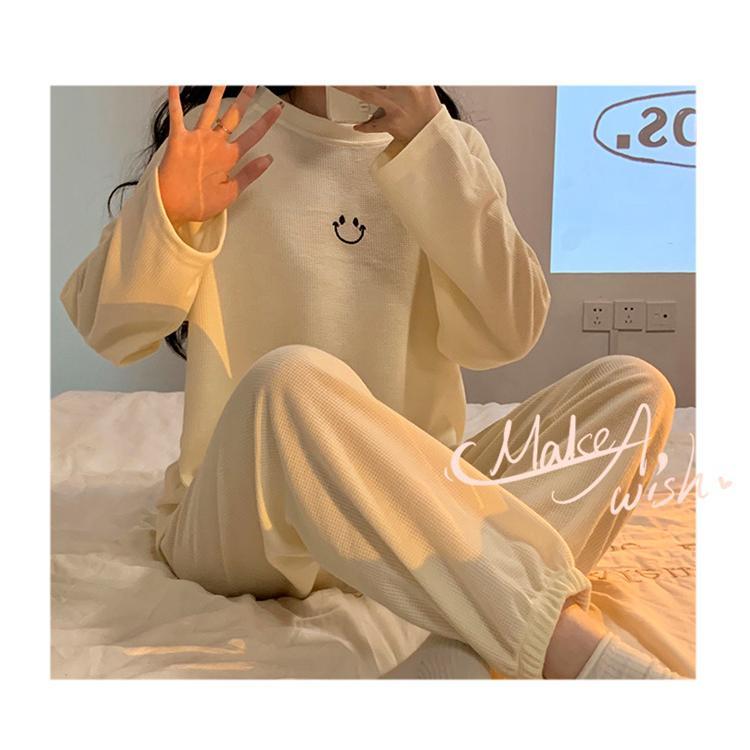 ルームウェア レディース ワッフルパジャマ 春秋冬 長袖 上下セット セットアップ 2点セット 寝巻き ゆったり 薄手 ウエストゴム リラックスウェア