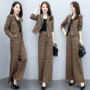セットアップ レディース 40代 春 秋 長袖 スーツジャケット チェック柄 ワイドパンツ 2点セット 通勤 フォーマル カジュアル オシャレ 上品 大きいサイ...