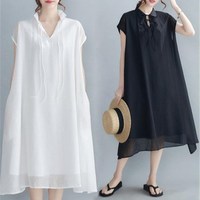 Rakuten - ワンピース シャツワンピース ロングシャツワンピ レディース 半袖 春 夏 チュニックシャツ 大きいサイズ 無地 おしゃれ ロングワンピー Aライン 体型カバー
