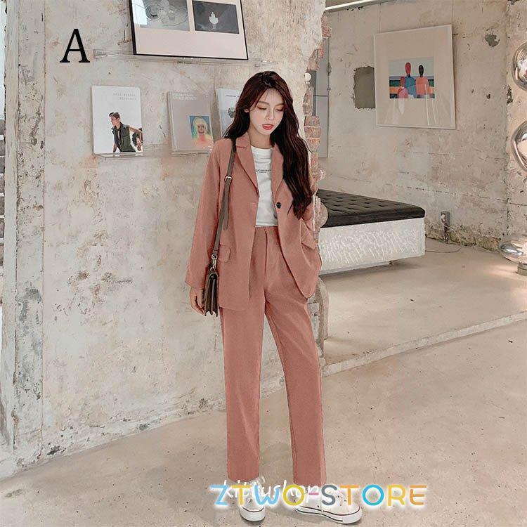 カジュアルスーツ レディーススーツ パンツスーツ グリーン ピンク ブラウン 長袖 オフィス 通勤 OL 長袖スーツ 20代 30代 40代 お仕事 韓国風 春 秋 就活 S-XL