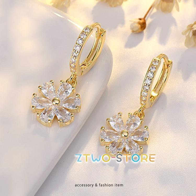 フープピアス レディース お花 リング おしゃれ CZダイヤ 揺れる フラワー シルバー ピンクゴールド 18kgp 上品 春 女性 ギフト