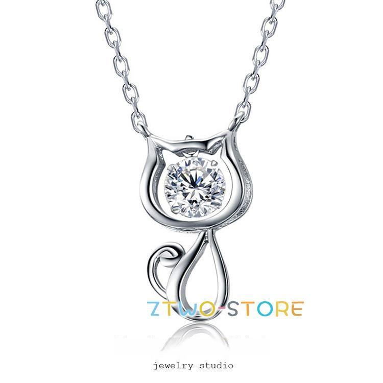 ネックレス レディース 揺れる 猫ペンダント 一粒ダイヤ 可愛い プラチナ仕上げ シルバー925 cz 彼女 妻 プレゼント 母の日ギフト