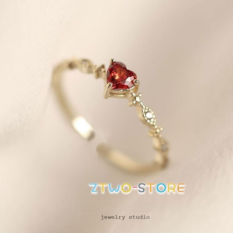 指輪 レディース リング 可愛い ハート レッド石 ガーネット シンプル カジュアル オシャレ 上品 細い 細め シンプル ゴールド フリーサイズ 母の日ギフト