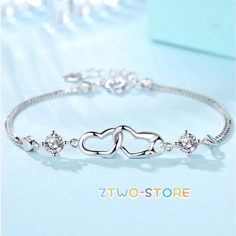 ブレスレット レディース ハート ダイヤ 2粒 ハートモチーフ プラチナ仕上げ シルバー925 プレゼント 彼女 妻 女性 母の日ギフト