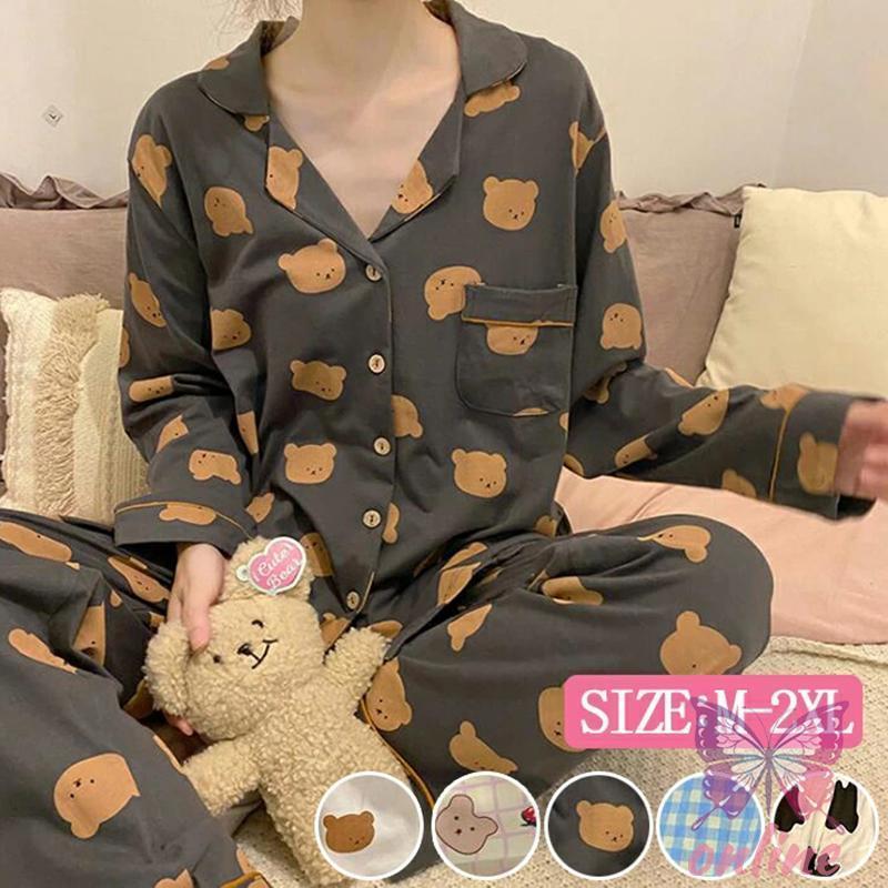 パジャマ 前開き 入院 かわいい レディース パジャマ 室内着 部屋着 ギンガム クマ 女の子 寝間着 ルームウェア 長袖パジャマ 総柄 上下セットカジュアル 薄手