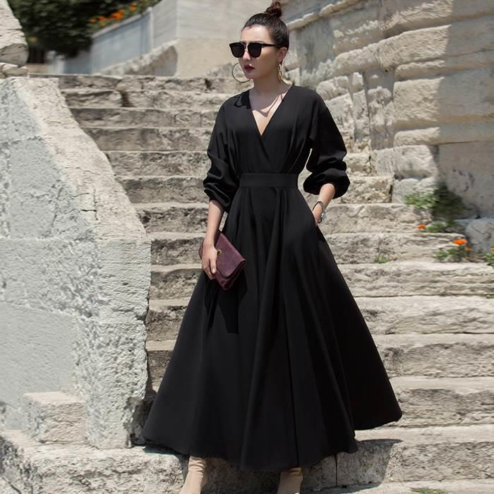 乐天商城 - カシュクールワンピース ロング丈 長袖 フレア Aライン ワンピース きれいめ シンプル 大人 上品 かっこいい セクシー エレガント 無地 春夏秋 デート お出かけ リゾート ホテル 黒 ブラック モノトーン 個性的 ファッション