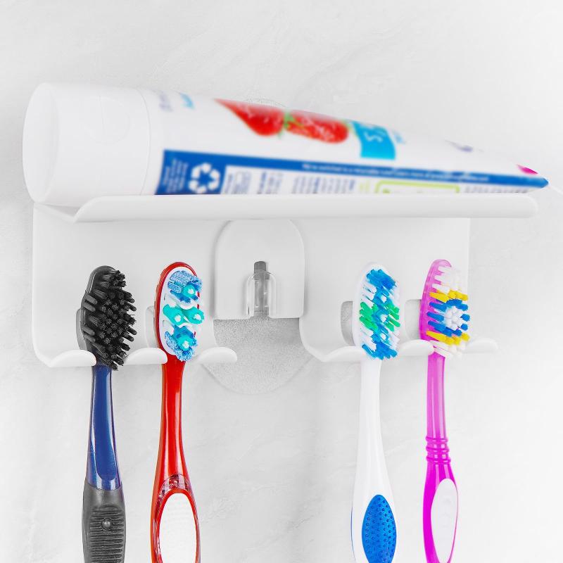Linkidea 4スロット 壁掛け歯ブラシホルダー バスルーム用 プラスチック粘着式壁掛け歯ブラシハンガー Colgate Extra Clean、リニューアル、Oral-B CrossActionと互換性あり (ホワイト)