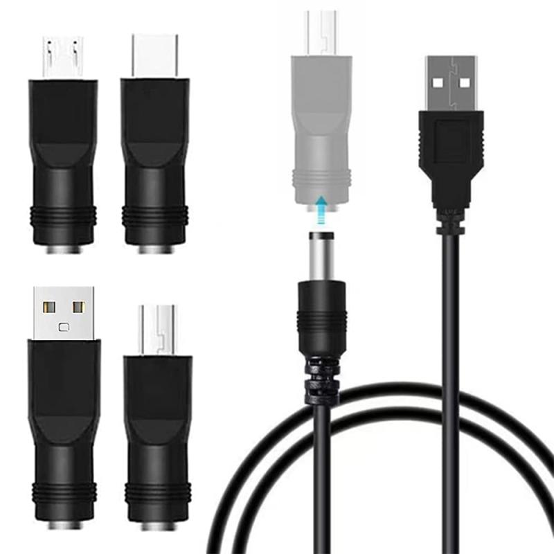 TJK USBケーブル 4 in 1 DC電源ケーブル 変換プラグ付き USB/USB‐C/Mini USB/Micro USB DC充電コード 5.5x2.5/5.5x2.1mm （USB-丸口） 扇風機 おもちゃ ナイトライト 目覚まし時計 などに適用 USB-A/USB Type‐C/Min