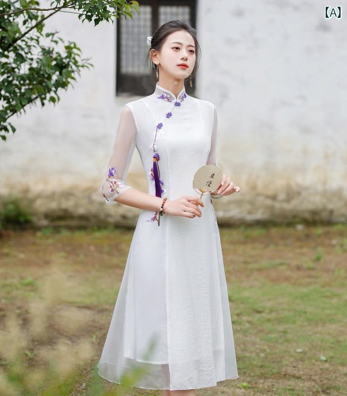 レディース チャイナ ワンピース レディース 中国風 白 夏の 刺繍 アオザイ 七分袖 大きいサイズ