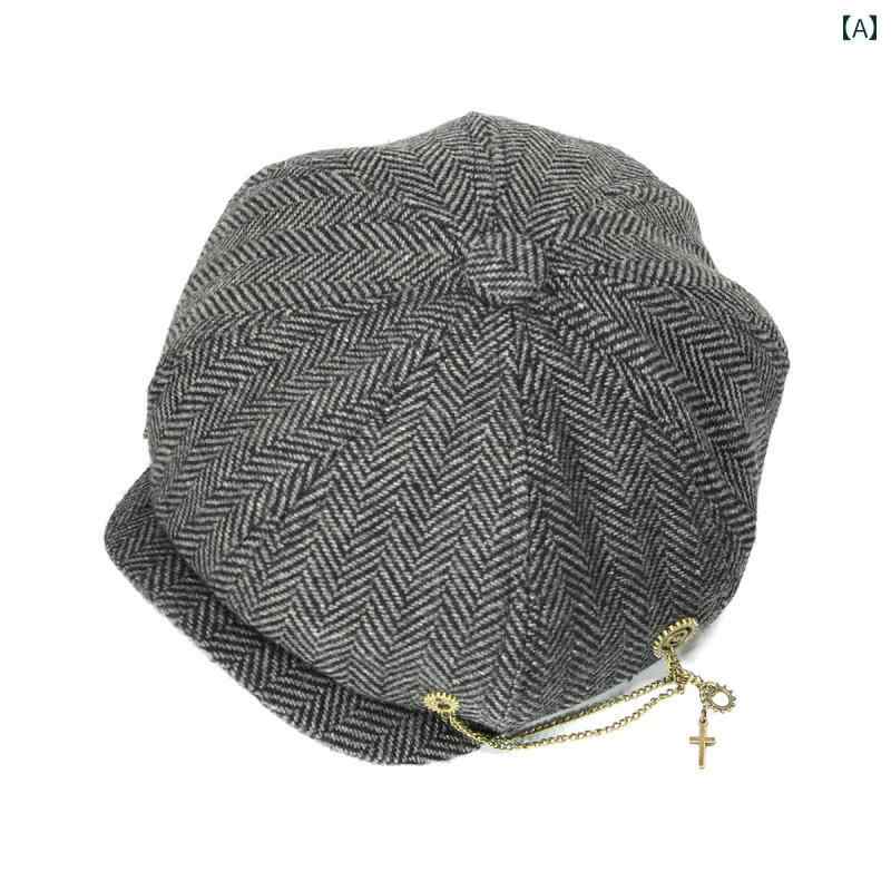 グレー コーヒー ヘリンボーン パターン 男女 文学 レトロ ギア 装飾 アヒル 舌 八角形 キャスケット 帽子