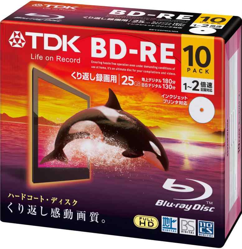 TDK 録画用ブルーレイディスク BD-RE 25GB 1-2倍速 ホワイトワイドプリンタブル 10枚 5mmスリムケース BEV25PWA10A