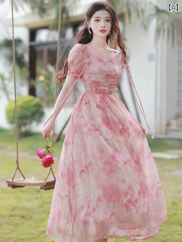 ティーブレイク フレンチ シフォン ドレス 夏 スーパー フェアリー シーサイド ホリデー ビーチ ドレス ワンピース ピンク