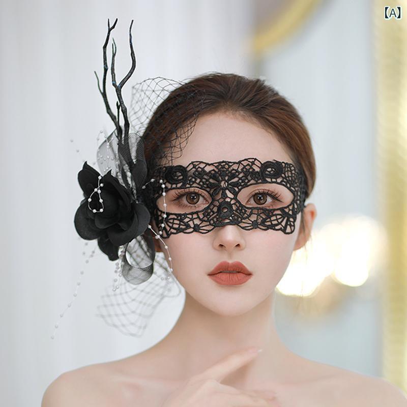 ハロウィン マスク cos ハーフ 顔 女性 感情的 楽しみ 黒 レース 枝角 ダンス ドレス アップ 装飾品