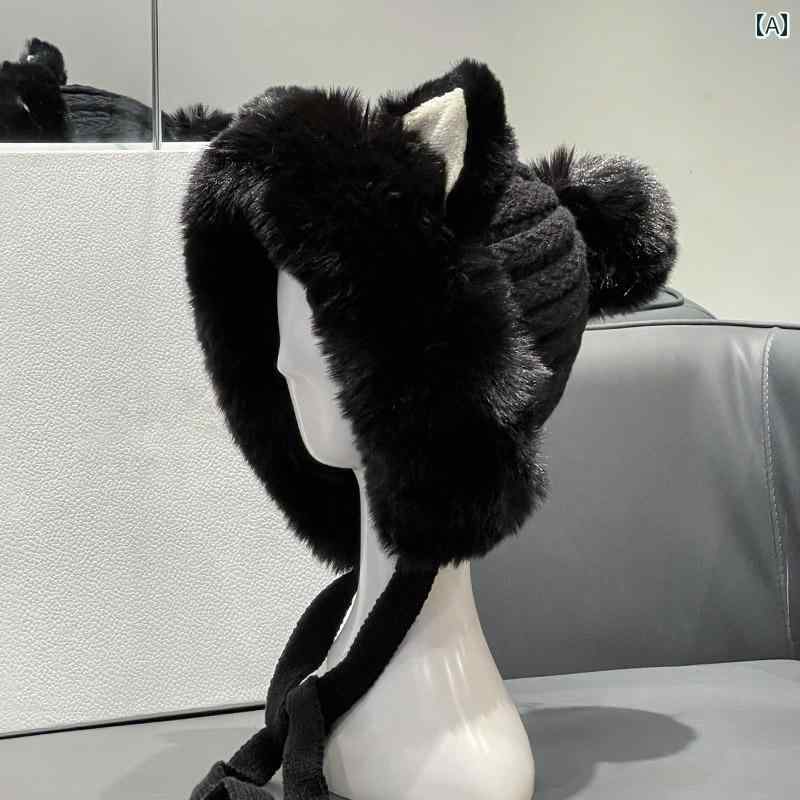 帽子 韓国 かわいい 猫耳 毛皮 ボール ニット ロシア レディース 厚手 防寒 耳保護 暖かい 猫 ニット帽 猫