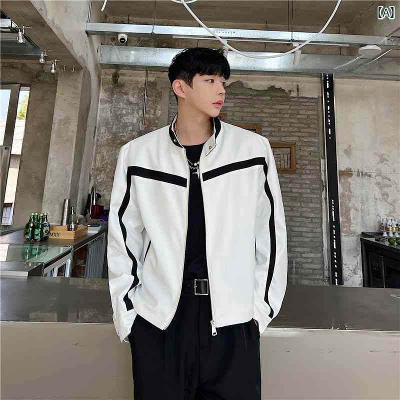秋服 黒 白 対照的カラー 韓国 カジュアル ジャケット メンズ ショート スタンドカラー アウター ブルゾン
