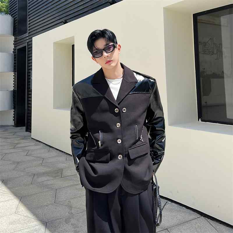 韓国 ジャケット メンズ フラット襟 オールシーズン 黒 長袖 レジャー ラウンドヘム裾 ファッション