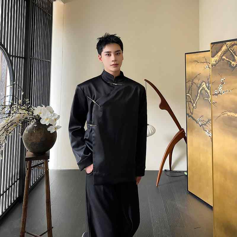 チャイナ風 ジャケット スタンドカラー 秋 長袖 レジャー ストレートヘム 中国風 ブラック ファッション