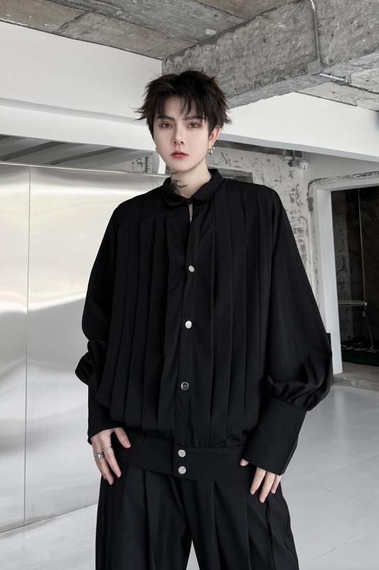 韓国 シャツ トップス 薄手 レトロ カジュアル 春夏 メンズ 長袖 黒 白 ロングスリーブ