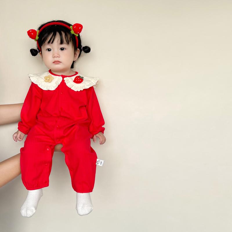 ベビー 秋 ジャンプ スーツ かわいい 人形 襟 付き 服 女の子 赤ちゃん 長袖 秋服 プリンセス 1歳 ドレス レッド フリル 1