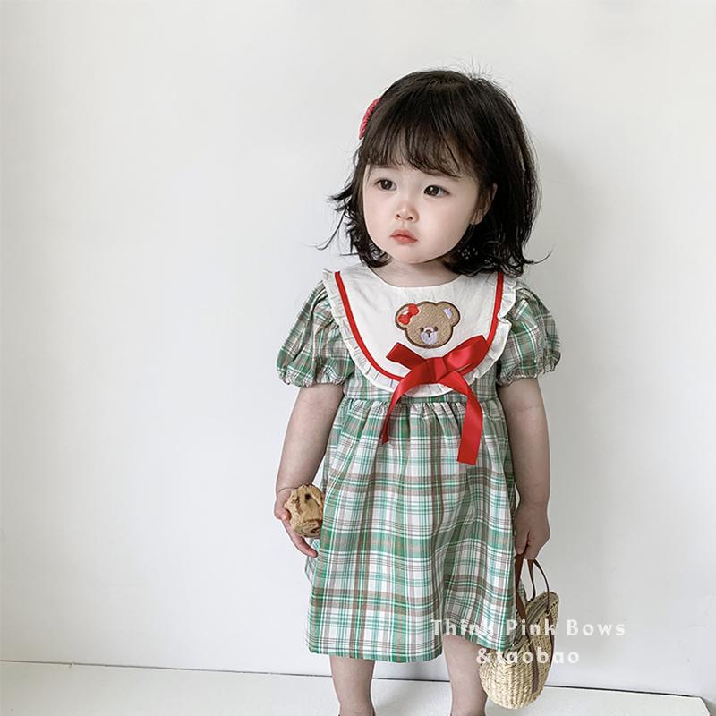 ベビー 韓国 サマー ドレス かわいい クマ プリンセス 子供 女の子 赤ちゃん 夏 薄手 1歳 チェック柄 ワンピース リボン かわいい