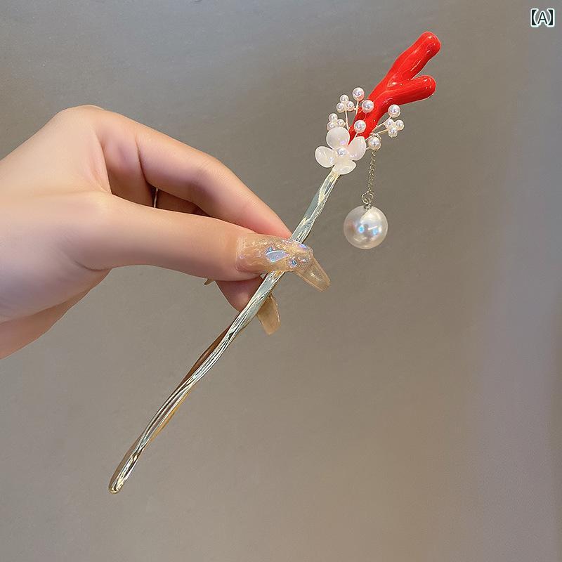 かんざし おしゃれ レディース アクセサリー オールーシーズン チャイナ風 サンゴ タッセル ヘアピン レトロ ハイエンド パール プレート