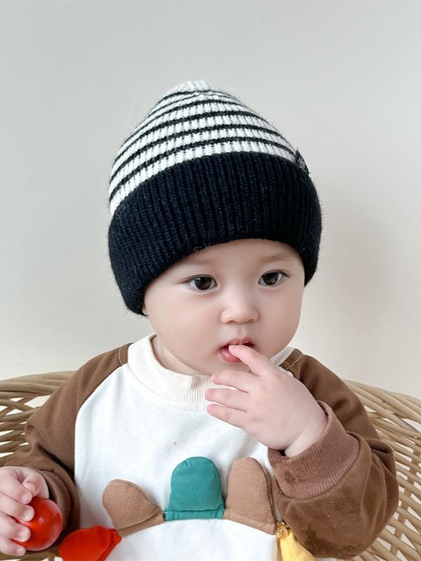 ベビー ウール 帽子 冬 赤ちゃん 暖かい 帽子 かわいい ストライプ プルオーバー 帽子 新生児 ニット帽 男女兼用