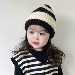 ベビー ハット 秋冬 プルオーバー ハット 幼児 防寒 帽子 レディース ストライプ 子供用 ウール 帽子 保温性