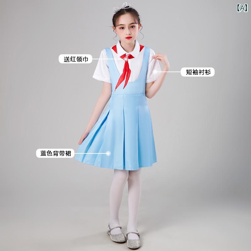 子供服 キッズファッション 衣装 コスチューム シャツ スカート タイ リボン シンプル かわいい 清潔兼 ホワイト ブルー