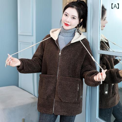 レディース アウター 女性 冬用 厚手 羊毛コート 韓国 ゆったり スウェット 個性的 カラーブロック 長袖 コットン服
