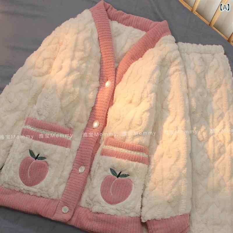 ルームウェア あったか 女性用 韓国 パジャマ 冬 コーラル ベルベット キルティング 三層 厚み 暖かい ピーチ ホーム 服