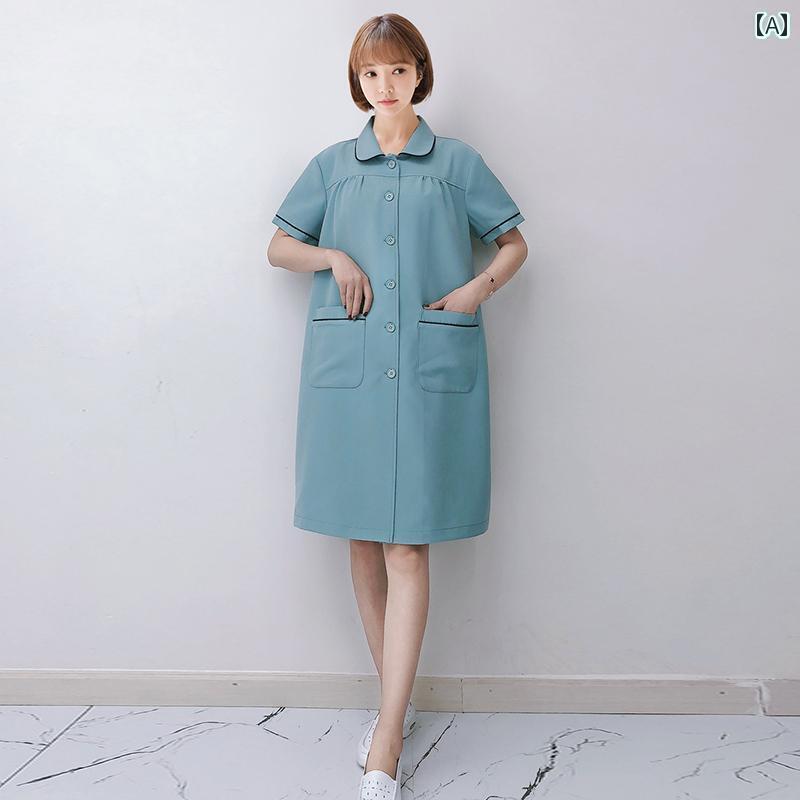 ユニフォーム 制服 介護 医療 韓国 マタニティ 半袖 ラウンドネック 妊婦 冬 夏 実験 作業着 フロント グリーン ワンピース 大きいサイズ おしゃれ