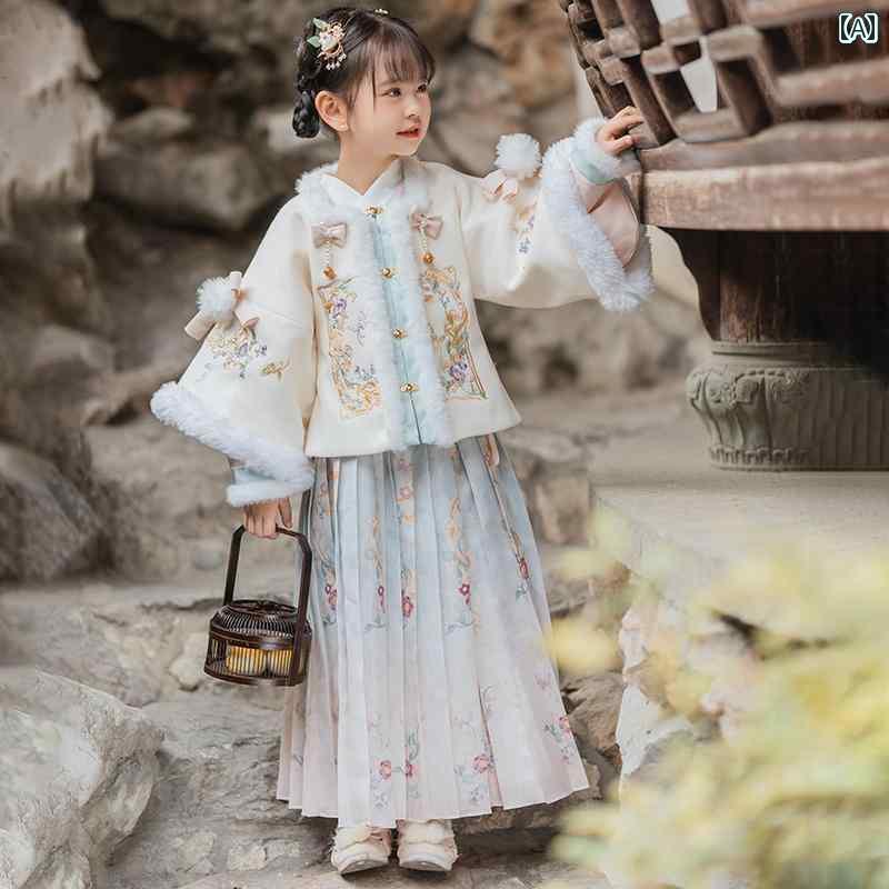 子供服 韓服 チャイナ風 トップス スカート 冬服 厚手 刺繡 パーティー エキゾチック かわいいキュート 女児 キッズ 民族衣装