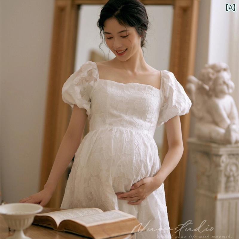 マタニティ フォト 衣装 おしゃれ 記念 写真 スタジオ 美しい さわやか 妊娠中 シンプル 白 ワンピース ドレス ホワイト フリーサイズ スカート