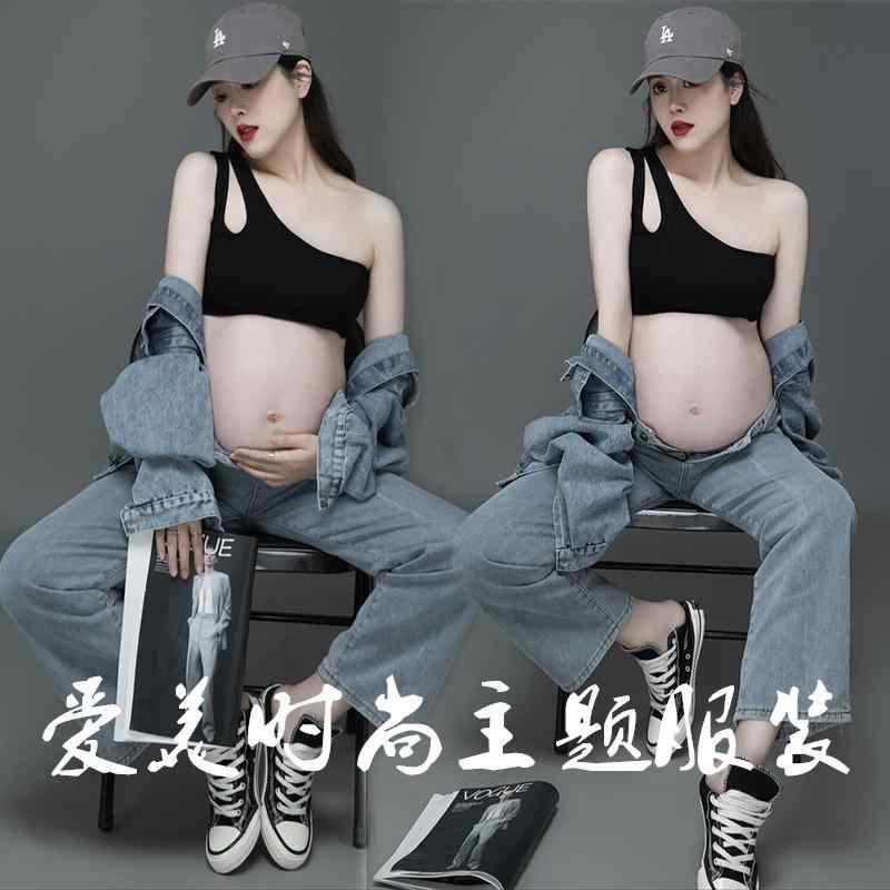 マタニティ おしゃれ フォト 衣装 カジュアル かわいい セットアップ 写真 スタジオ 妊婦 個性 クール デニム 妊娠中 ママ アート撮影 フリーサイズ