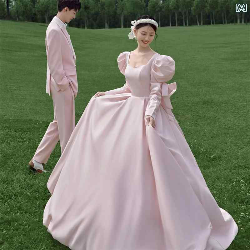 ドレス おしゃれ ファッション フォト スタジオ カップル 写真 ピンク フレンチ リボン サテン フォレスト 屋外 ウェディング パフスリーブ フリーサイズ