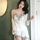 夏用 パジャマ セット フェミニン 冷感 胸パッド付き 韓国 ホームウェア 秋 女性用 Vネック レース